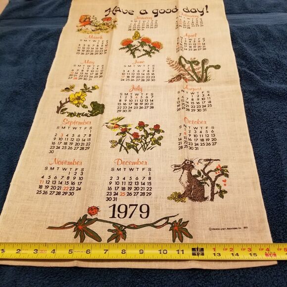 Vintage linen tea towel calendar birds bugs bunny & flowers 1979 nos - Picture 6 of 6